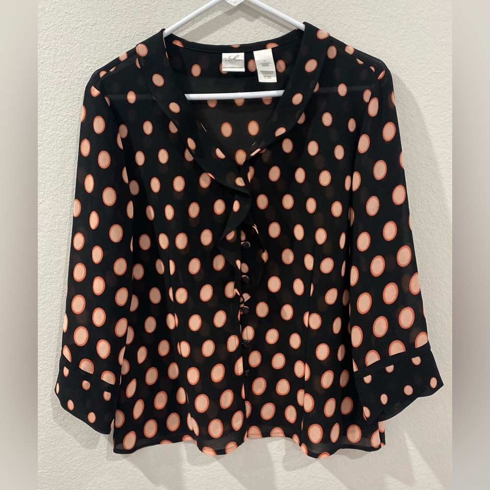 Emma James Peach Black Polka Dot Ruffle Button Long Sleeve Blouse Shirt 14